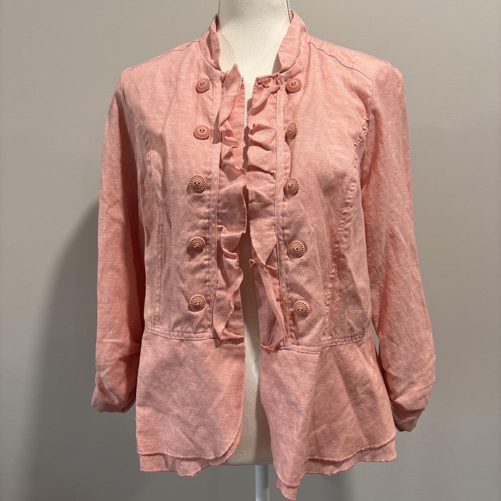 Linen Blend Ruffled Blazer Open Front 3/4 Sleeve Size‎ XL Pink Coquette Girl